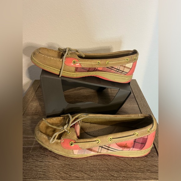 Sperry Topsider Hardback Tan Leather Pink/Plaid Preppy Boat Shoes Women's 9.5M - Picture 5 of 16